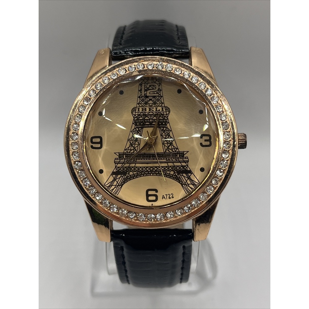 IBELI Women's Watch Eifel Tower Black Leather Band Rhinestone Bezel- New Battery